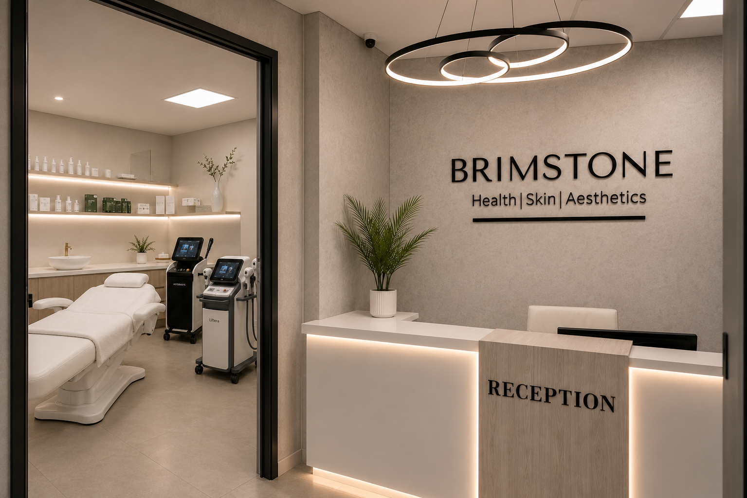 The Brimstone Medical clinic reception with the Brimstone Health, Skin & Aesthetics signage, plus treatment rooms and technology